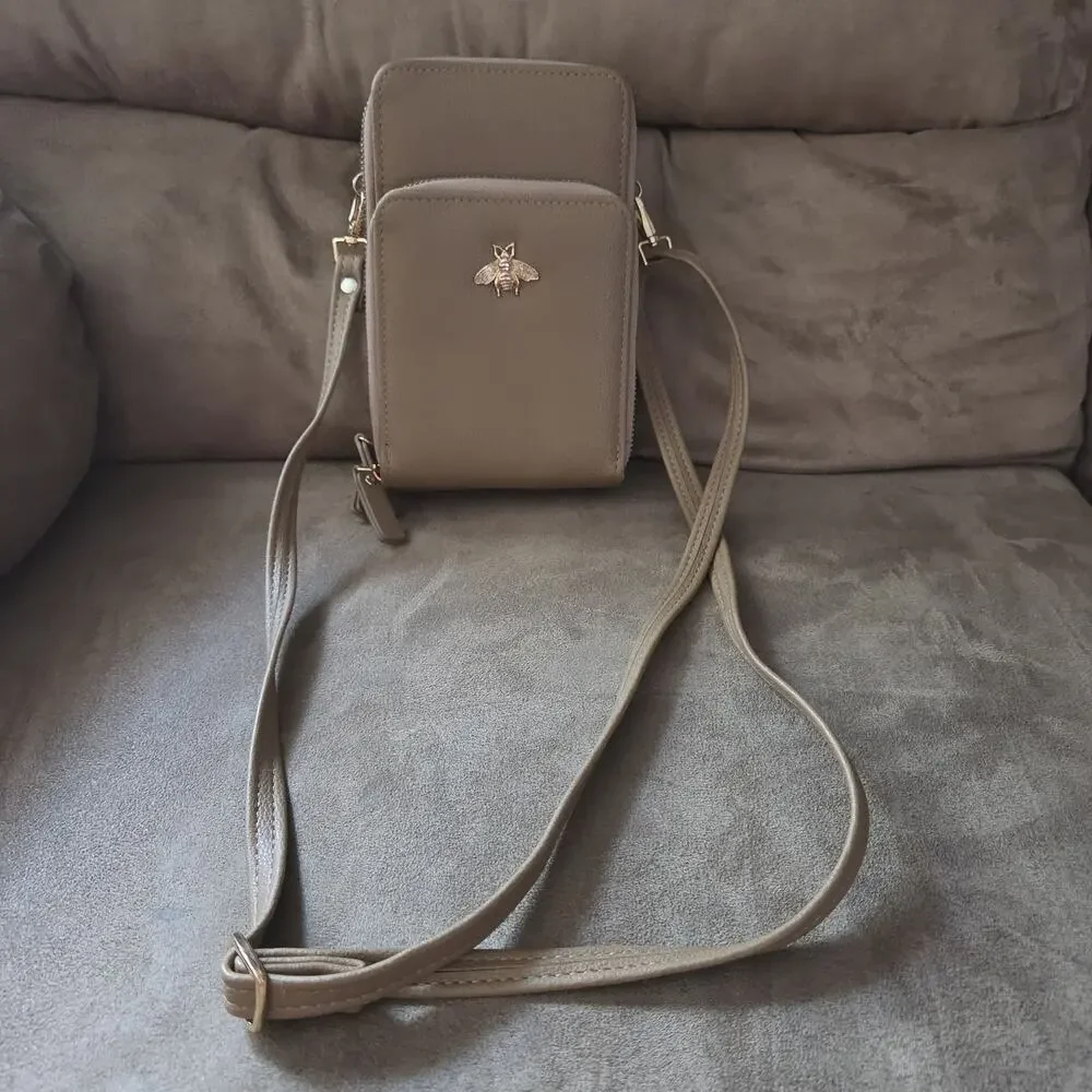 Tan Women’s Crossbody Bag Double Zip Gold Hardware Bee Emblem Detach Strap